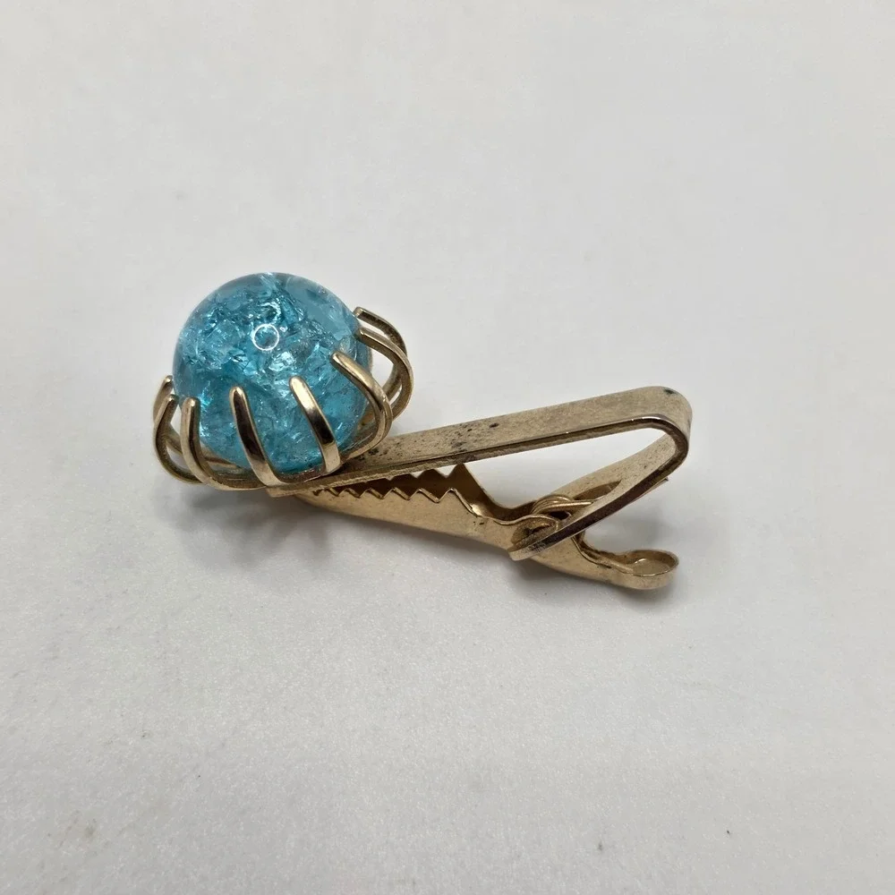 Tie Clip Men Blue Crackle Glass Orb Gold Tone Mid Century Retro‎ MCM Bar